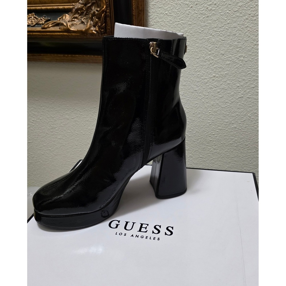 Guess Danca2 Black Patent Platform Ankle Boots Square Toe Block Heel 8.5 M